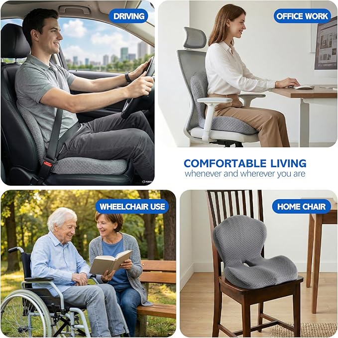 Office Chair Cushion for Tailbone & Back Pain Relief, Strong Lumbar Support Ergonomic Cushions, Comfortable Memory Foam Cushion for Pain Relief, Suitable for Office Chairs, Home Chairs, Car