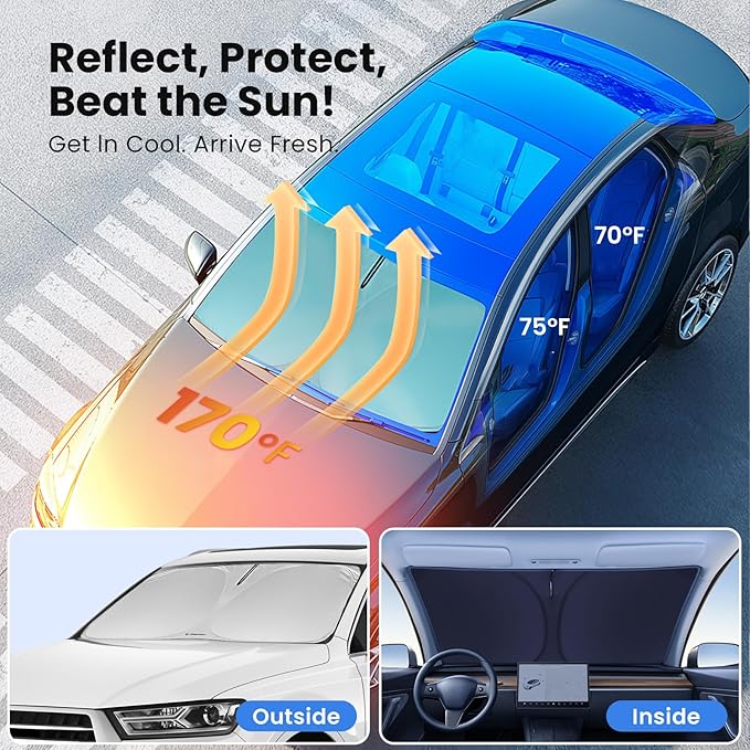 Windshield Sunshade for GMC Sierra 1500 2500 3500 (SLT AT4 Denali) 2019-2026 - No-Light-Pass Technology, Mirror Cut-Out, Blocks 99% UV Rays, Fade-Resistant, Easy-Fold Sierra Windshield Sun Shade