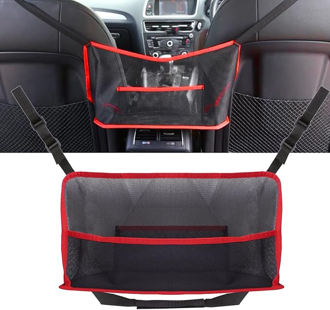 Car Storage Bag, Auto Net Pocket Handbag Holder, Driver Storage Netting Pouch for Document Phone Tissue Purse Storage, Organizer Mesh Bag Between Two Seats, Backseat Pets Barrier, Red