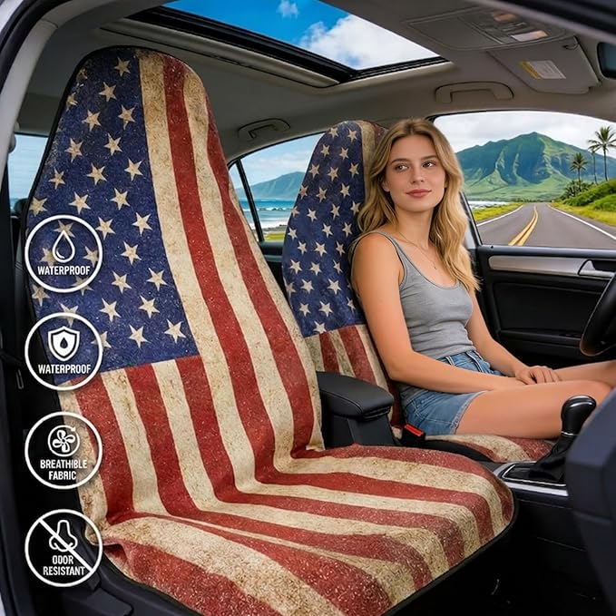 ZIMABLUE 2-Pack American Flag Car Seat Towel Protector - Waterproof & Sweatproof Seat Covers for Post-Gym, Beach, Yoga & Sports - Non-Slip Universal Fit for SUV, Sedan - Machine Washable
