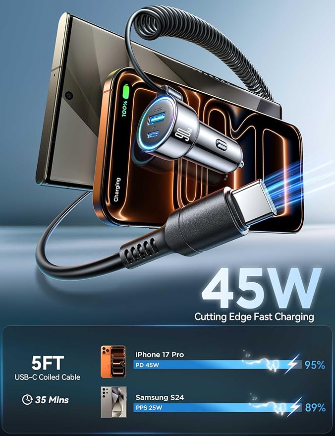 USB C 90W Car Charger for iPhone 17/16 Pro Max, PD & QC3.0 w/5 ft 45W Type Coiled Cable, Fast Car Phone Charger Adapter for iPhone 17Air/15 Pro, Samsung Galaxy S25/S24/S23, Pixel 10/LG/Android, iPad
