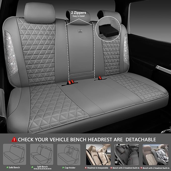 CAR PASS Bling Diamond Gray Leather Car Seat Covers Full Sets Interior Sets, Waterproof Shining Glitter Sparkly Crystal Universal Armrest Fit for Automotive Truck SUV Cute Women Girl, Gray Rhinestone