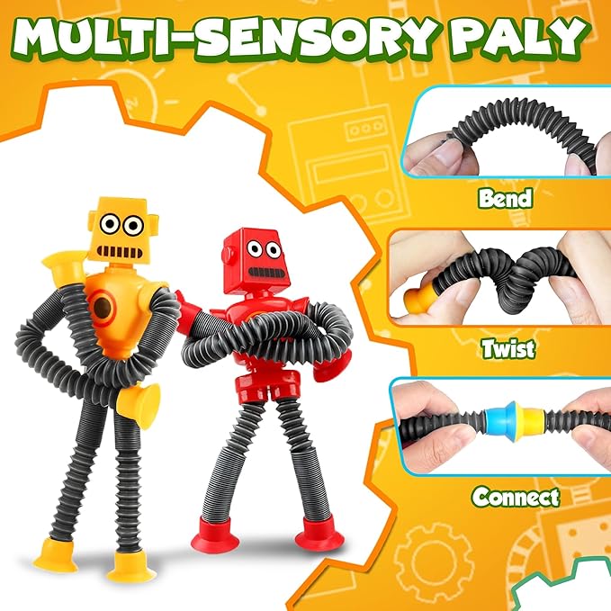 Robot Sensory Travel Roadtrip Toys 4Pcs for Toddlers Kid Boy Year Old Ages 3 4 5 6 7 8 9,Airplane Activities Suction Autism Pop Tube Fidget Toys Autistic Stocking Easter Basket Stuffer Valentine Gift