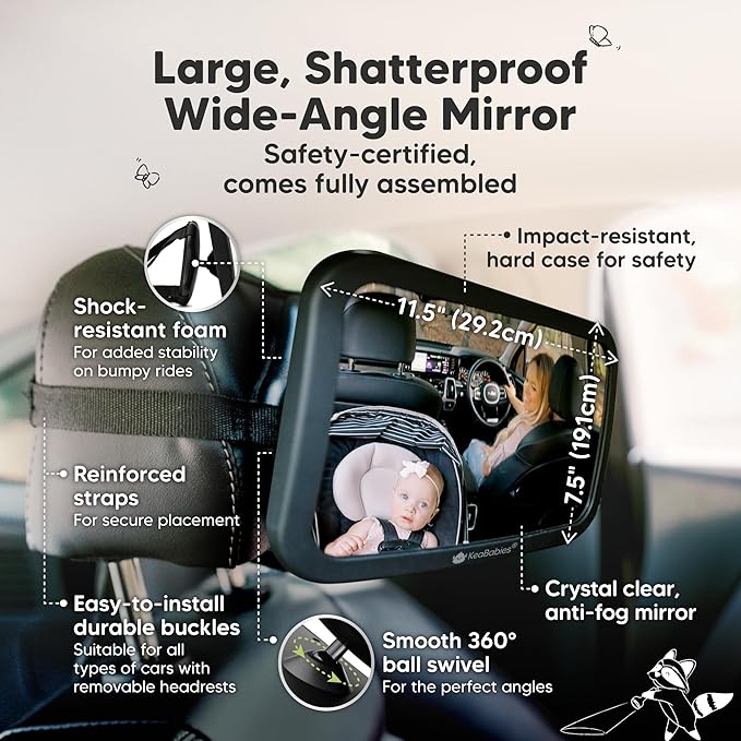KeaBabies Baby Car Seat Mirror - Wide Shatterproof Backseat Infant Car Mirror for Baby Rear Facing, Crystal Clear View, Travel Accessories, Easy Install & Adjust for Removable Headrest (Matte Black)