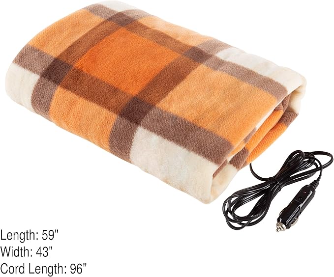 Heated Blanket - 12-Volt Electric Blanket for Car, Truck, SUV or RV - Portable Winter Car Accessories for Camping or Travel by Stalwart (Orange Plaid)