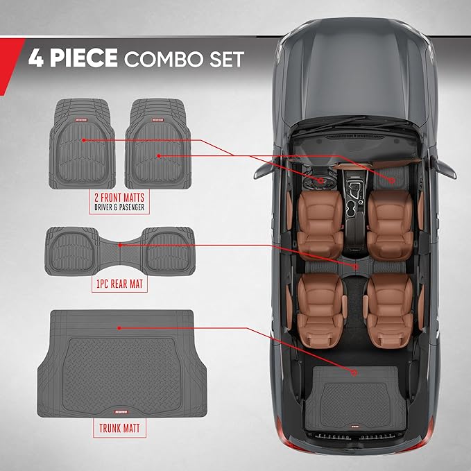 Motor Trend FlexTough 4-Piece Heavy Duty Floor Mats for Cars Trucks SUVs, Automotive Floor Mats Car Mats Full Set Front, Rear & Cargo, Trim-To-Fit Semi-Custom Deep Dish All Weather Rubber Mats - Gray