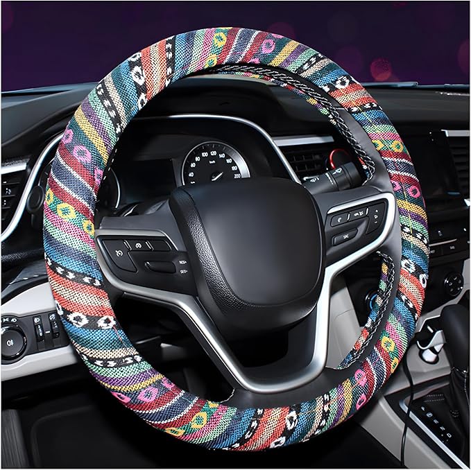 Boho Steering Wheel Cover, 15 Inch Coarse Flax Cloth Ethnic Style Anti-Slip Car Wheel Wrap, Universal Breathable Bohemian Steering Wheel Protector for Cars Vans Trucks (A)