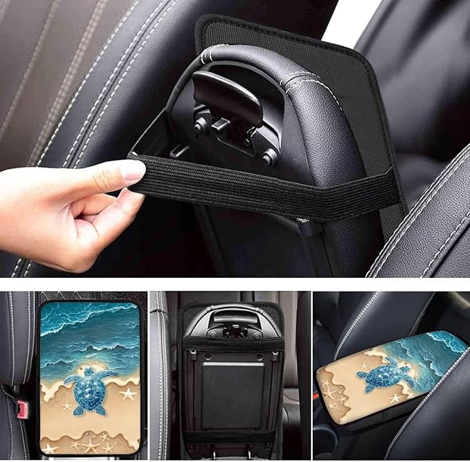 Suobstales Beach Turtle Starfish Print Car Armrest Pad Soft Center Console Arm Rest Protector Cover Universal Car Interior Accessories Decoration