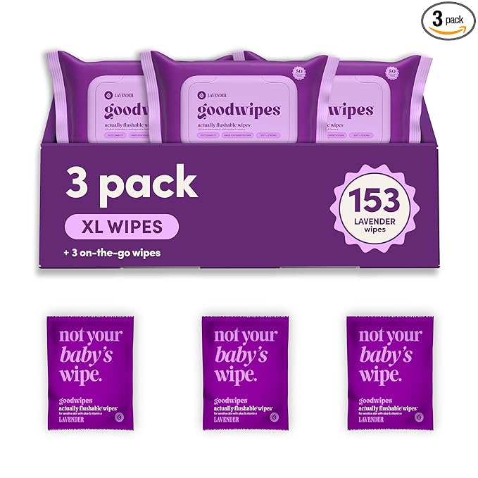 goodwipes Flushable Butt Wipes - Vitamin E & Aloe - Sewer & Septic Safe - Extra Large Adult Wet Wipes For Women & Men - Bathroom Essentials - Lavender, 153 Count (3 Packs + 3 Individually Wrapped)