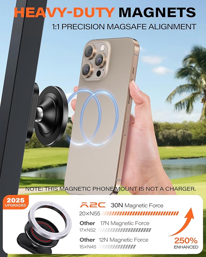 A2C Alloy Magnetic Golf Cart Phone Holder for MagSafe iPhone, Unique Golf Gifts for Men Golfers Dad Father, Golf Gift for Him Husband, Golf Accessories Essentials Gadgets Fits EZGO, Club Car (Black)