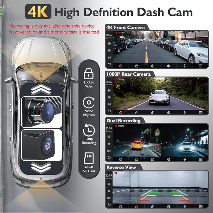 10.26" Portable Carplay Screen for Car, 4K HD Car Stereo Touch Screen with Apple CarPlay and Android Auto, 4K Dash Cam, 1080P Backup Camera, Mirror Link, Voice Control, Bluetooth, GPS, AUX/FM