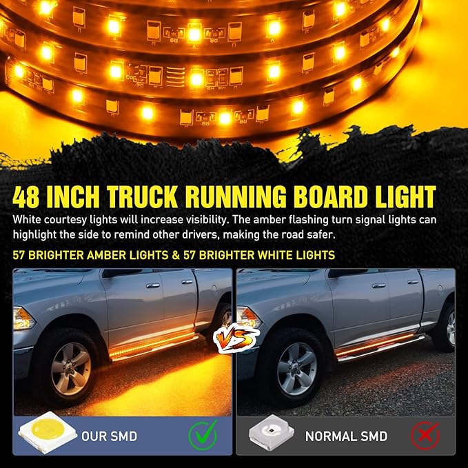 Nilight 48inch Truck LED Running Board Lights 2 PCS Side Maker Light with White Courtesy & Sequential Amber Turn Signal Lighting Strips Kit for Trucks Pickup SUV