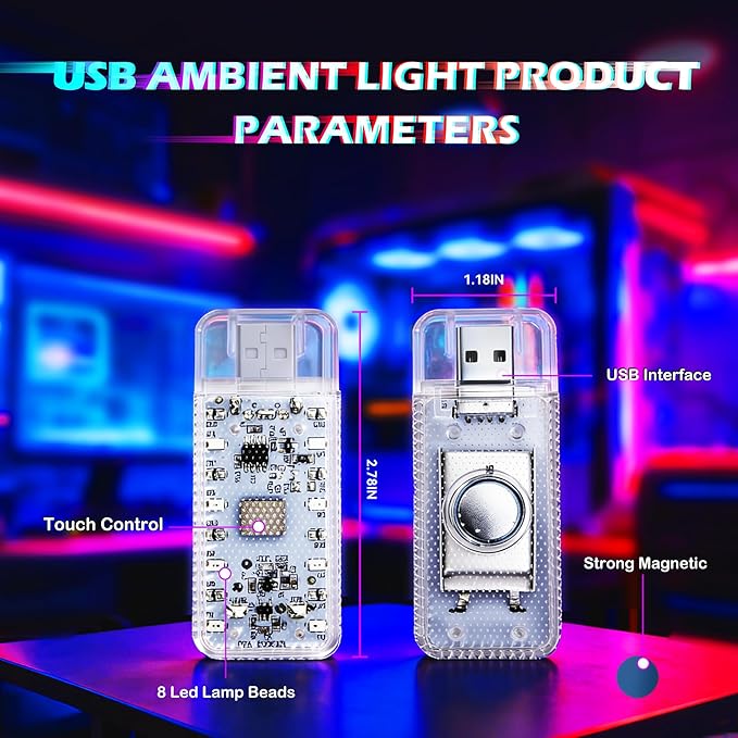 4 PCS Car LED Lights, USB Plug-in Rechargeable 8 High-Brightness,Portable Touch Control Dimmable Night Light for Car/Bedroom/Party/Holiday Decoration (1 Red&1 Blue& 1 Green& 1 Purple)