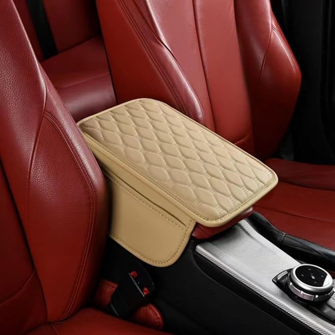 Thin Car Center Console Cover, PU Leather Armrest Cushion with 2 Side Storage Pockets, Universal Car Interior Accessories for Most Vehicles/SUV/Sedan (Thin-Diamond Stitch, Beige)