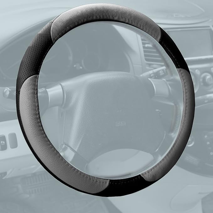 FH Group Universal Fit Perforated Genuine Leather Steering Wheel Cover Fits Most Cars, SUVs, Gray Black
