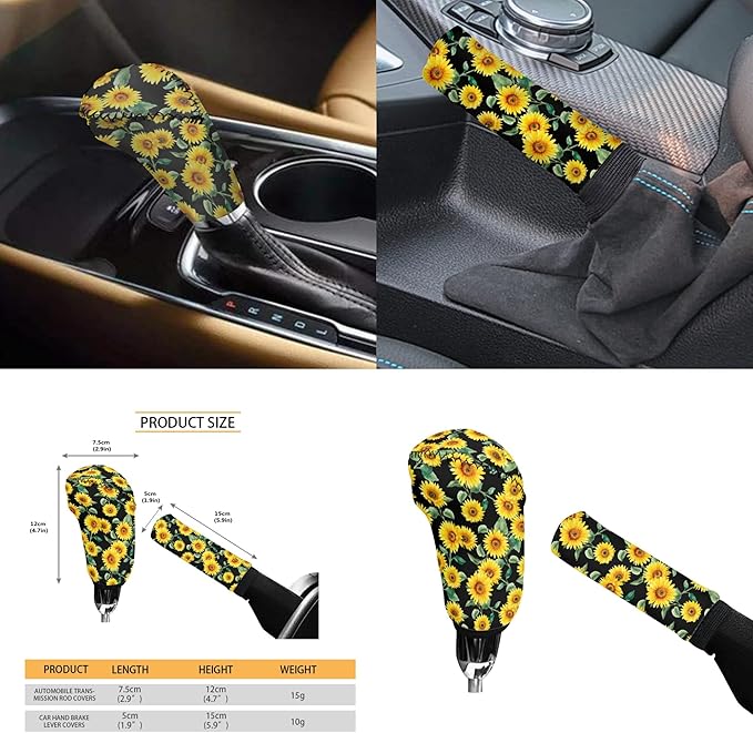 Sunflower Print Car Steering Wheel Covers Set Men Women Car Interior Accessories 6 Pcs Cup Coaster Handbrake Gear Cover Fit for SUV Truck Sedan