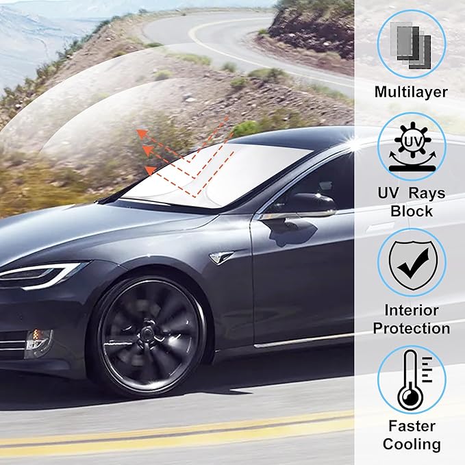 Windshield Sun Shade Custom Fit 2012-2024 2025 2026 Tesla Model S Accessories (Fit Long Range/LR Model) Foldable Sunshade Sun Blocker Visor Protector