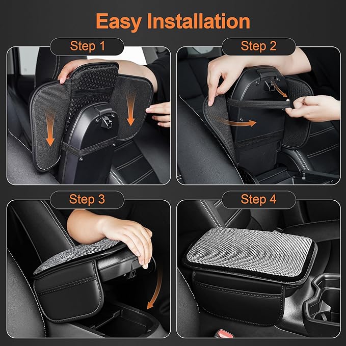 Bling Car Center Console Cover Custom Fit for Jeep Grand Cherokee - Leather Armrest Cover with 2 Storage Pockets and Crystal Rhinestones(Black)