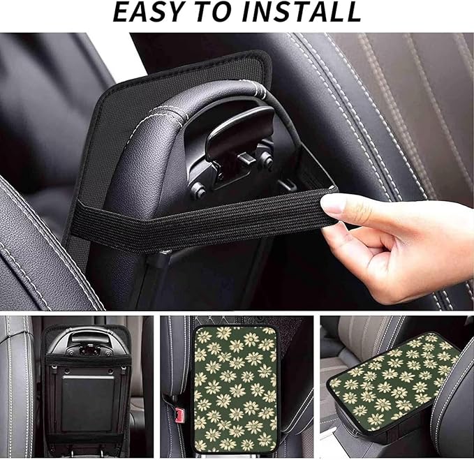 Center Console Cover Sage Green Daisy Middle Console Armrest Lid Hippie Floral Flower Arm Rest Pad Protective Cover for Vehicle SUV Truck Sedans