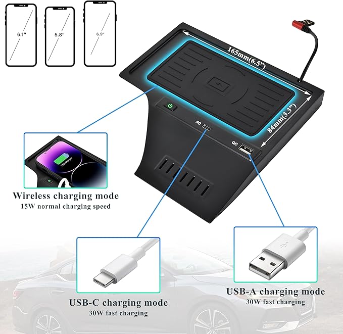 Car Wireless Charger for 2020+ Nissan Sentra, 30W Fast Charging USB-A USB-C 15W Wireless Charger Pad with Anti-Slip Silicon Mat for 2020-2024 Nissan Sentra S, SV, SR Accessories