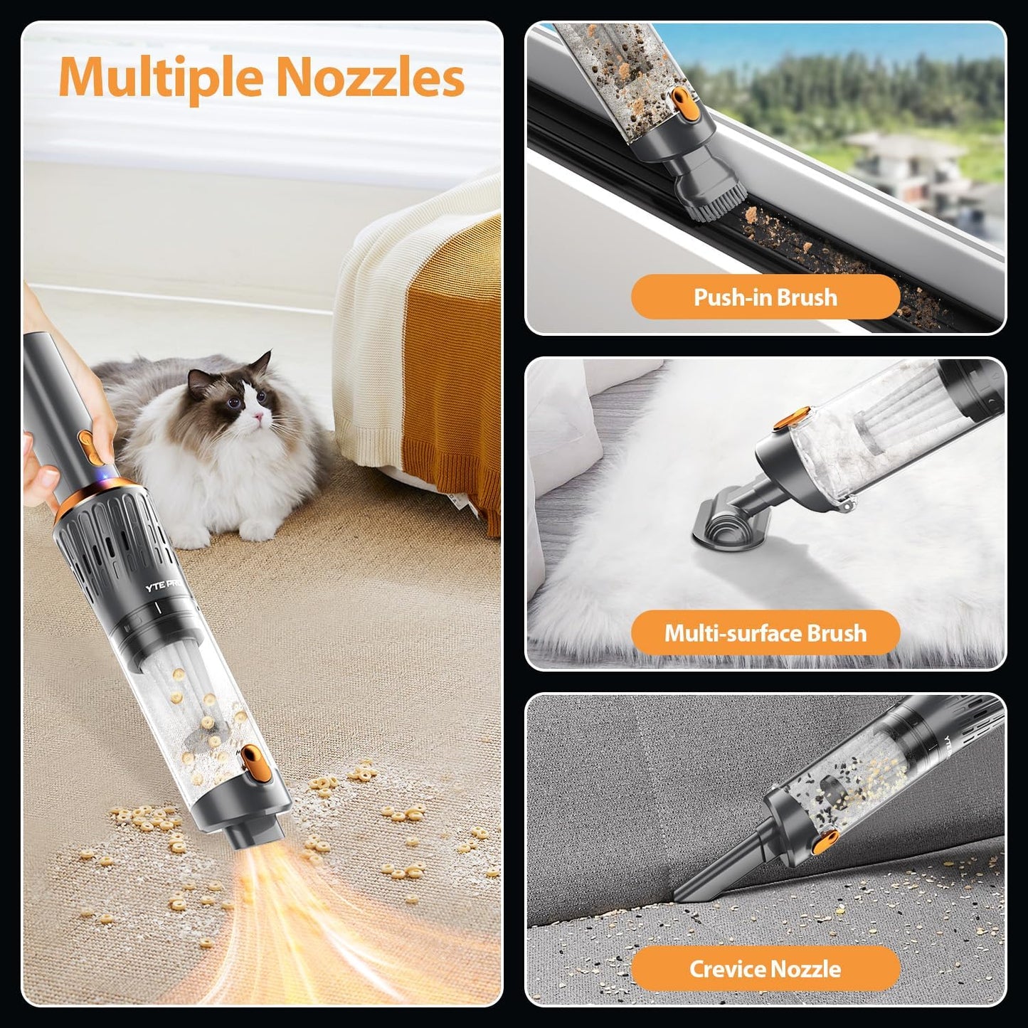 Handheld Vacuum Cordless 15000PA Car Vacuum 3-in-1 Hand Held Vacuums 1.1 Pounds Hand Vac Cordless Rechargeable One-Touch Empty for Cleaning Cars Offices Homes Pet Hair and Dust (Orange)
