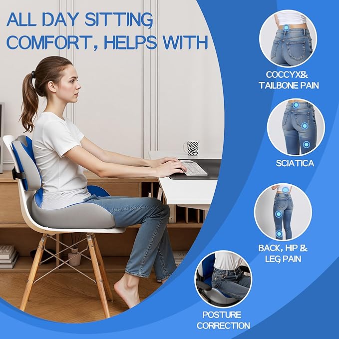 Benazcap Large Memory Foam Seat Cushion Lumbar Support Pillow for Sciatica & Tailbone Pressure Relief Coccyx Pad for Office Chair, Wheelchair, Car, Home, Office, Blue