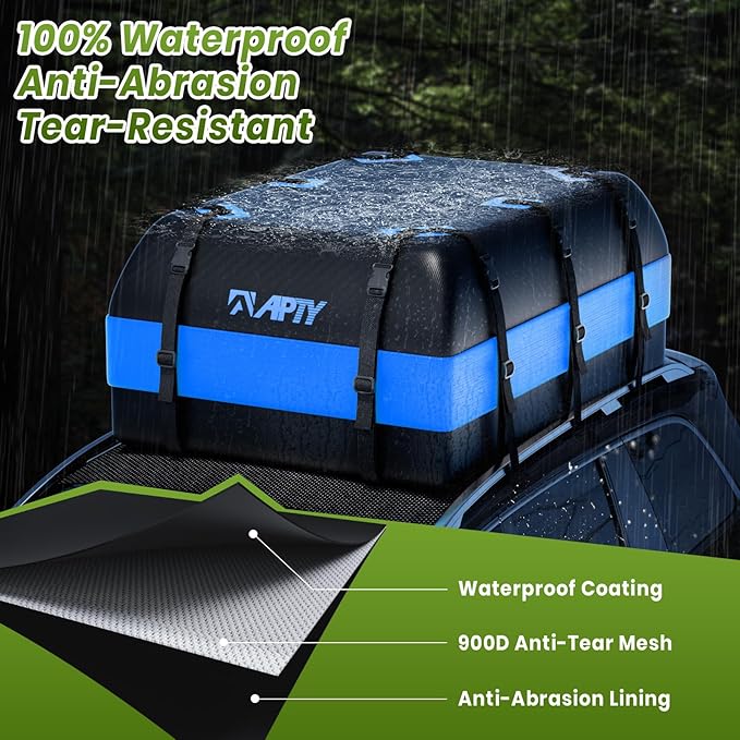 23 Cubic Feet Car Rooftop Cargo Bag Carrier, Soft Roof Top Luggage Bag for All Vechicles with/Without Racks - with Waterproof Zip, Luggage Lock, Anti-Slip Mat, Storage Bag, Door Hooks, Blue