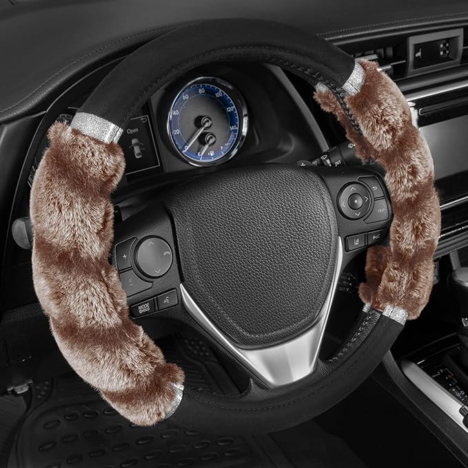 BDK Bear Fur Steering Wheel Cover, Plush Faux Fur Fuzzy Steering Cover for Car Truck Van SUV, Standard Size Fits Wheels 14.5-15 in Diameter, Two Tone Black/Brown with Glitter
