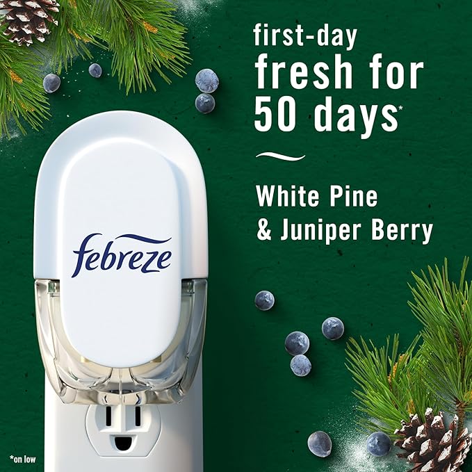 Febreze Odor-Fighting Fade Defy PLUG Air Freshener White Pine & Juniper Berry, 0.87oz Oil Refill, 2 Count