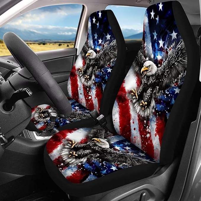 KEIAHUAN Front and Back Car Seat Covers American Flag Eagle Front Seat Cover and Split Rear Bench Seat Cover 4th of July Patriotic Automotive Interior Accessories