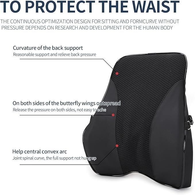 Lumbar Support and Car Neck Pillow for Office Chair and Car Seat ，Softness Memory Foam Erognomic Seat Cushion with Adjustable Strap，Comfortable Ergonomic Design (Black, Polyester)