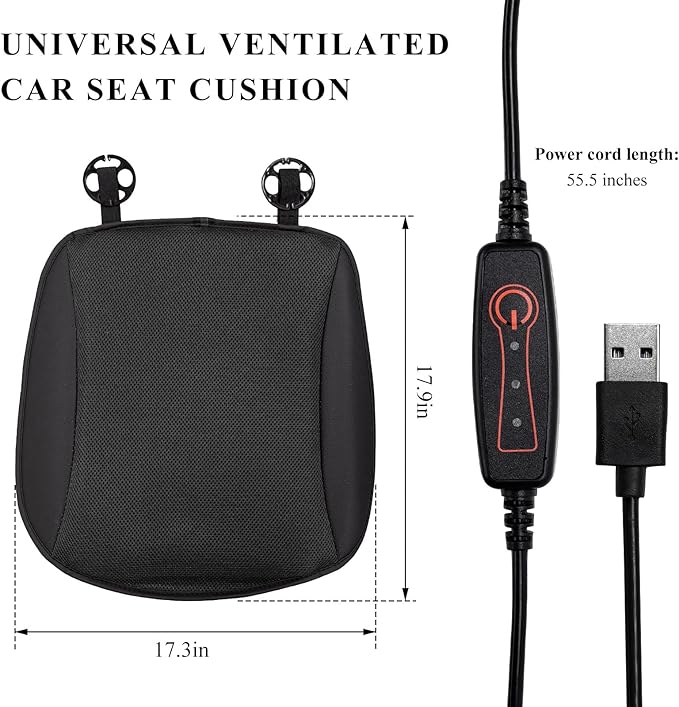 Cooling Car Seat Cushion, Ventilated Cool Bottom Seat Cover with USB Interface, 3-Speed Adjustable Comfy Cooling Pad for Auto Front Seats Home Office Chairs, Car Accessories (Black)