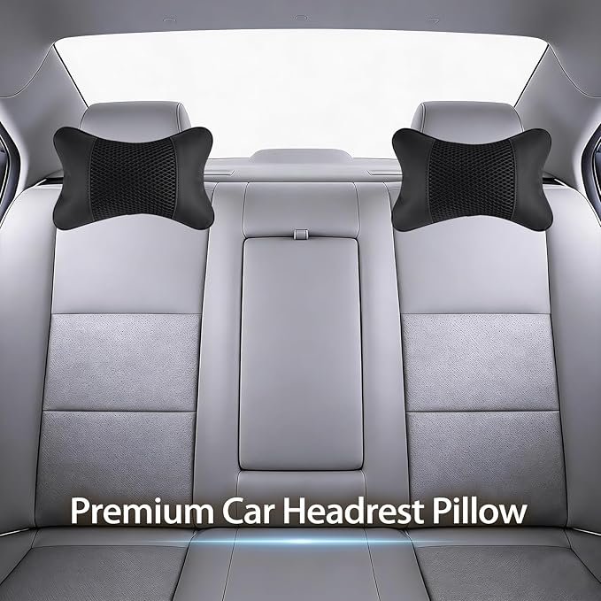 2 Pack Car Neck Pillow Soft Breathable Mesh Headrest Pillows for Driving Support, Universal Fit for Most Car Seats Decor Accessories（Black）