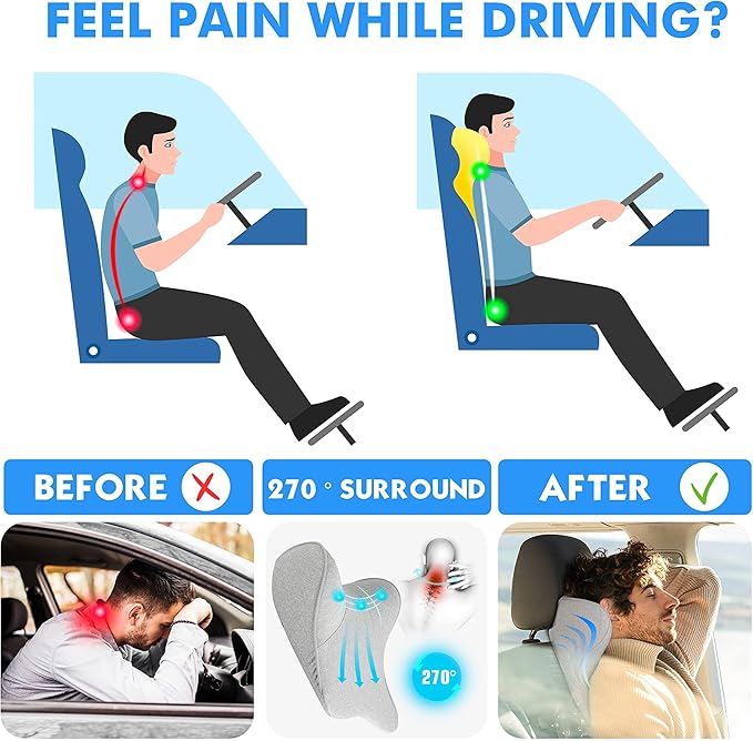 Car Neck Pillow for Driving Seat Car Headrest Pillow with Flexible Strap, 100% Memory Foam Neck Support Pillow for Car, Office Chair Black Pack of 2