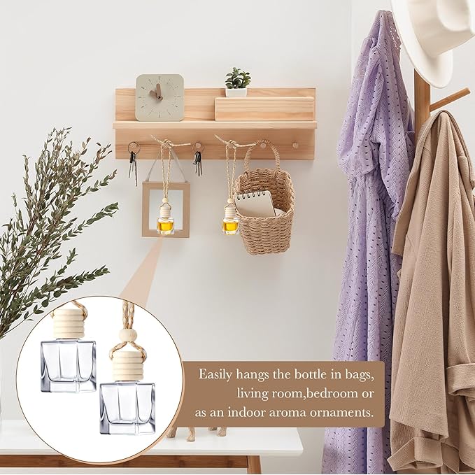 BBTO 200 Pcs Hanging Car Diffuser Bottles Bulk, Empty Clear Glass Air Freshener Bottles with Wooden Cap for Perfume Essential Oils Fragrance Aromatherapy Ornament(Cube)