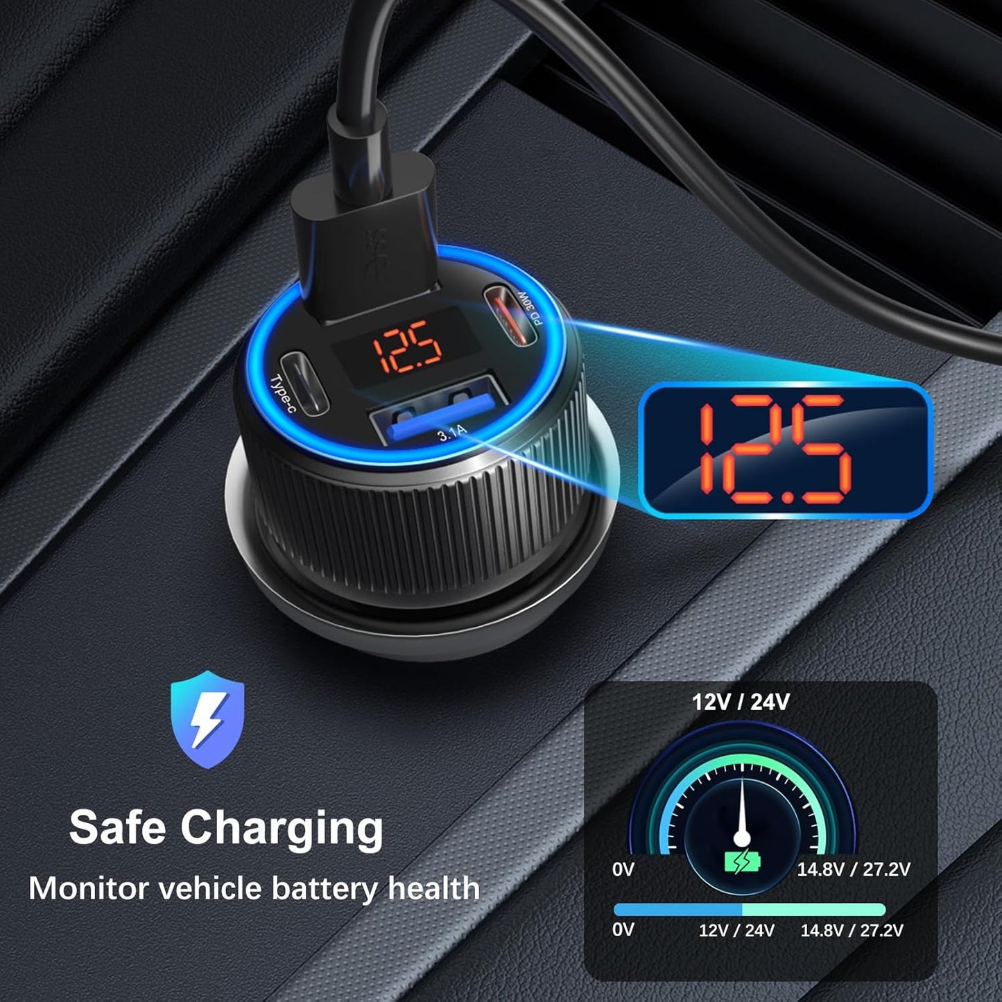 USB C Car Charger, Costyle 65W Dual USB-C & USB-A Multi Port Cigarette Lighter Adapter with Voltmeter QC/PD 3.0 Fast Charging 12V Car Phone Charger for iPhone 16 15 14 13 12 11 Pro Max Samsung(Black)
