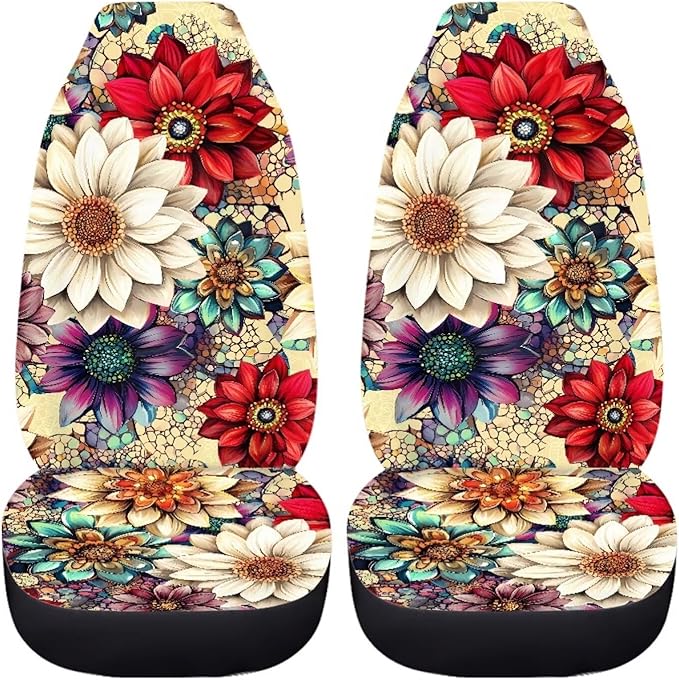 BIGCARJOB Blossom Lotus Car Seat Covers Set for Front Only Boho Lotus Print Car Interior Accessories Cute Seat Protector for Cars Saddle Blanket,Fit Most Vehicle,Cars,Sedan