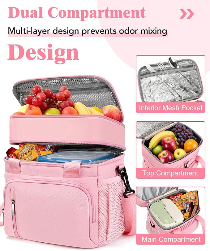 Insulated Lunch Bag for Women, Double Leakproof Lunch Box Soft Cooler Tote with 5 Pockets, 600D Oxford, EVA Lining, Adjustable Strap for Work, Picnic, Beach&Travel-Pink
