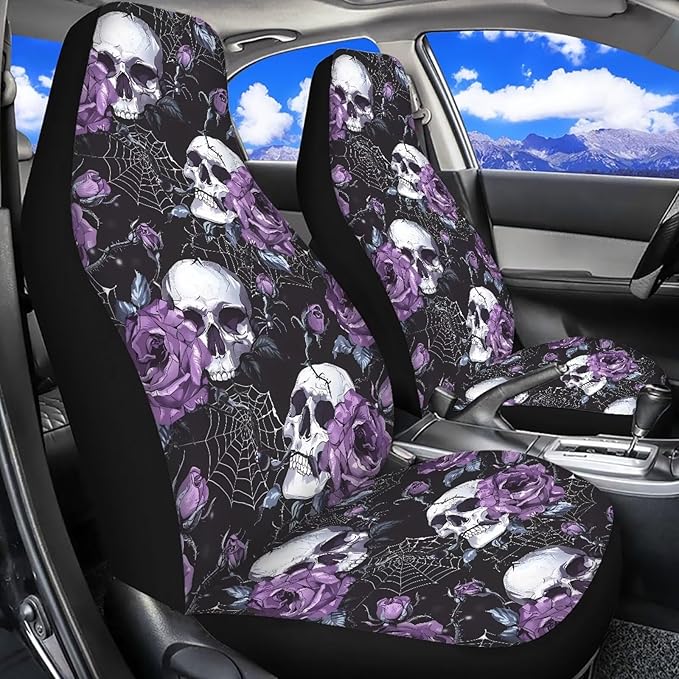 Skull Rose Car Seat Covers for Front Seat Breathable Car Seat Cover Protection Interior Accessories Easy to Install and Clean Universal for Cars Truck SUV Van