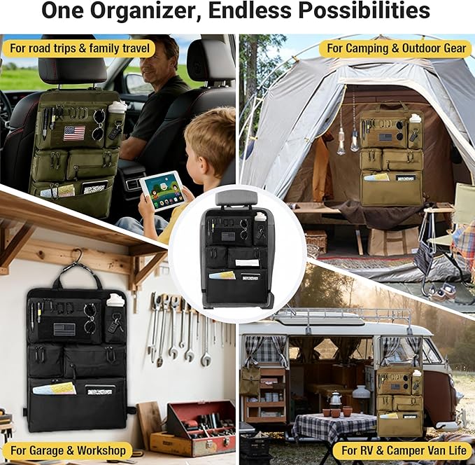 Tactical Seat Back Organizer - Heavy Duty MOLLE Panel Organizer with Multiple Pockets & Hook Loop Panel for EDC Gear, Road Trip Essentials, Universal Fit for Car SUV Truck Jeep Ford(Black)