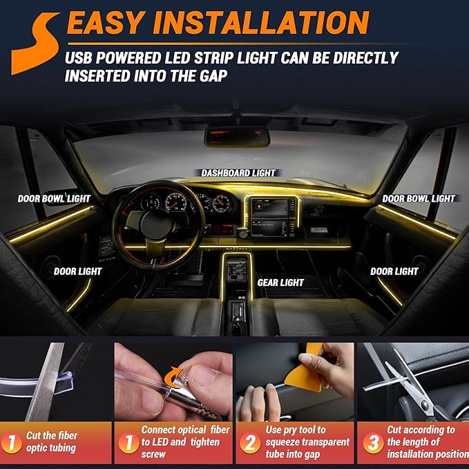 Interior Car LED Strip Lights 400 inches Fiber Optic tubing USB Powered RGB 8 in 1 Car Neon with Wireless APP and Remote Control, Ambient Lighting Kits 16 Million Colors,Sync to Music