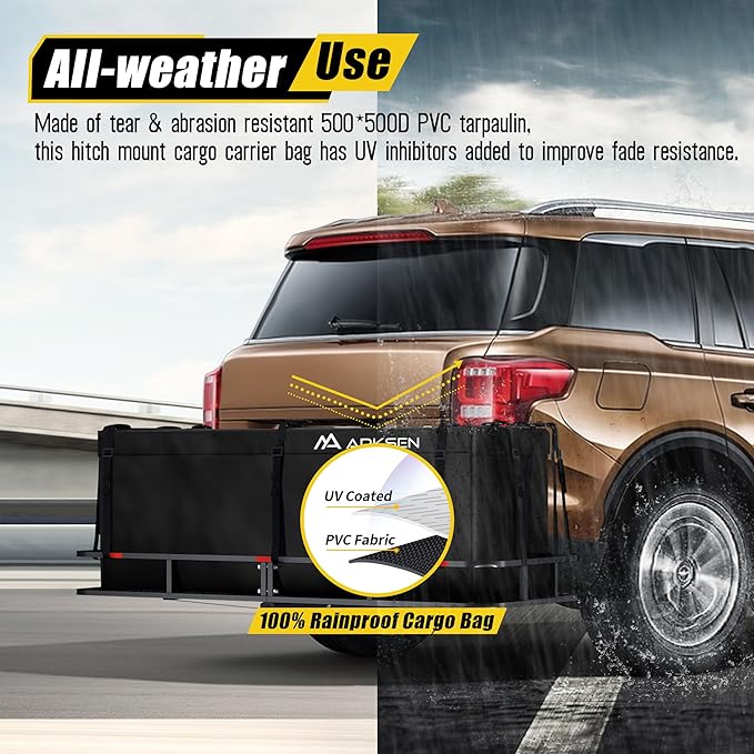 ARKSEN Hitch Cargo Carrier Bag with Lock for 24" x 60" Baskets Waterproof 16.4 Cubic Feet Large Capacity Luggage Storage (58" L x 20.5" W x 24" H) for Car Truck SUV RV or Trailer