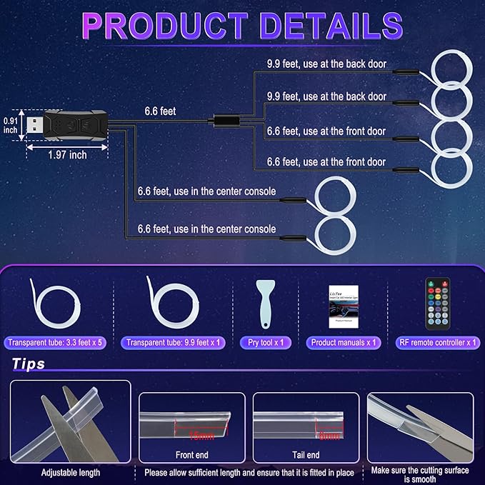 LivTee Smart Car LED Interior Lights with USB Port, LED Strip Fiber Optic Lights, Wireless App and Remote Control, Sync to Music, Car Accessories Gifts for Women and Men, 6 in 1
