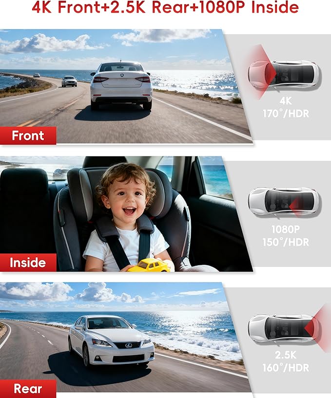 12" 4K Mirror Dash Cam with STARVIS 2 Sensor,View Rear Mirror Camera 2.5K with Back Seat Car Baby Monitor 1080P,Built-in 5.8G WiFi GPS, APP Control,Night Vision,for Family Car Safety