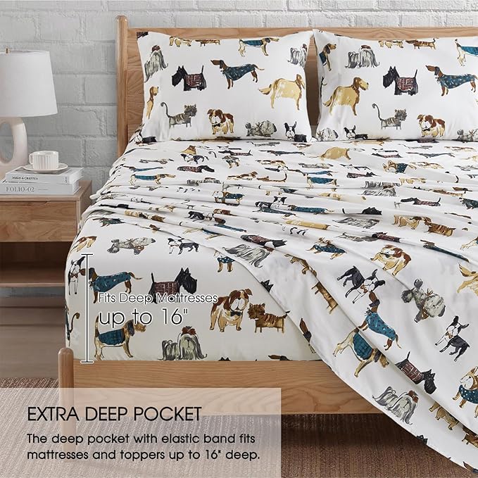 Ivellow Twin Sheets Set Kids 100% Natural Cotton Sheets Soft Breathable Lightweight Percale Bed Sheets 16" Deep Pocket Cartoon Dog Puppy Patterned Sheets Kids Twin Bedding Toddler Teen Dorm Essentials