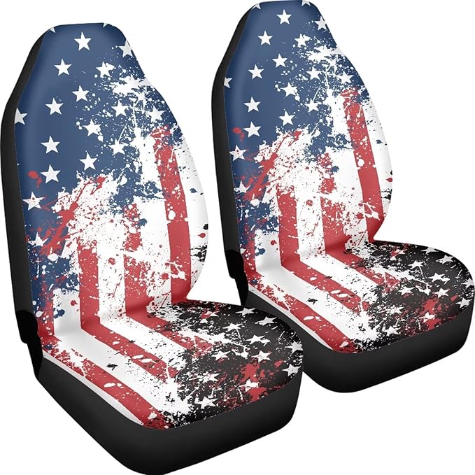 Car Seat Covers Set Front Seats Only 2 Pack Universal Fit Most Truck SUV Vans Auto Accessories Interior Cushion Protector（Creative American Flag Print 2）