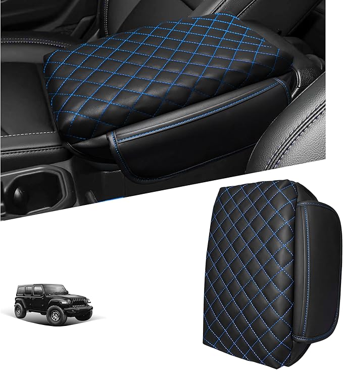 Center Console Cover for Jeep Wrangler JL 2018-2026 & Gladiator JT 2020-2026 1.2in Thickness Armrest Cover Leather Arm Rest Lid Protector Cushion Pad with Stroage Pockets Interior Accessories (Blue)