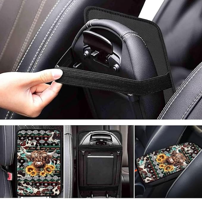 UNICEU Southwestern Cowhide Highland Cow Auto Center Console Pads Comfortable Non Slip Car Armrest Storage Box Mat Universal Fit Auto Interior Accessories for Women Men
