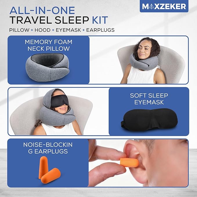 Travel Neck Pillows for Airplanes – Sleep Comfortably on Long Flights, Roadtrips, Home or Office. All-in-One Travel Sleep Kit with Hood, Eyemask and Earplugs