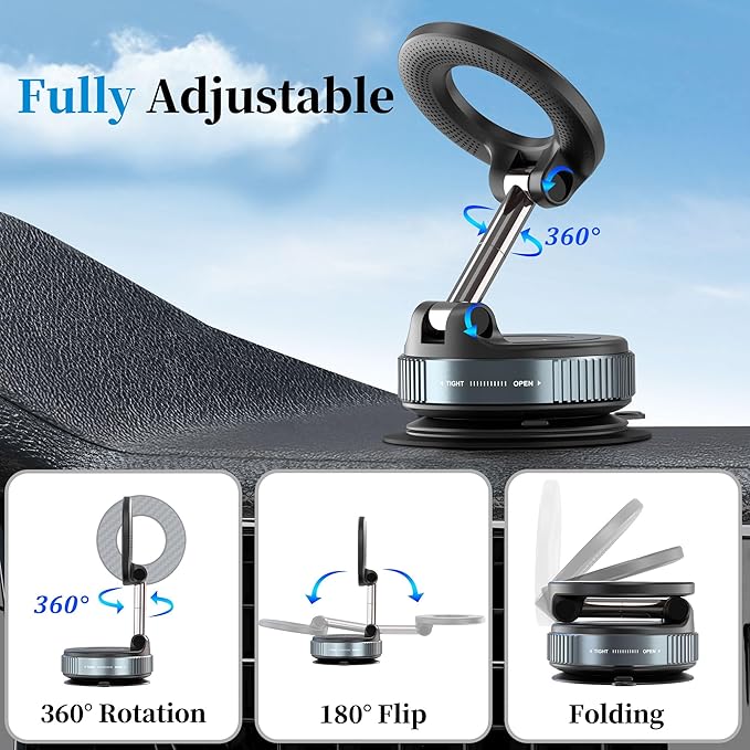 PlusAcc Vacuum Magnetic Phone Holder for Car, Suction Cup Phone Mount for MagSafe, 360°Rotatable Strong Magnet Stand for iPhone 16/15/14/13 in Smooth Surface (No Charging)